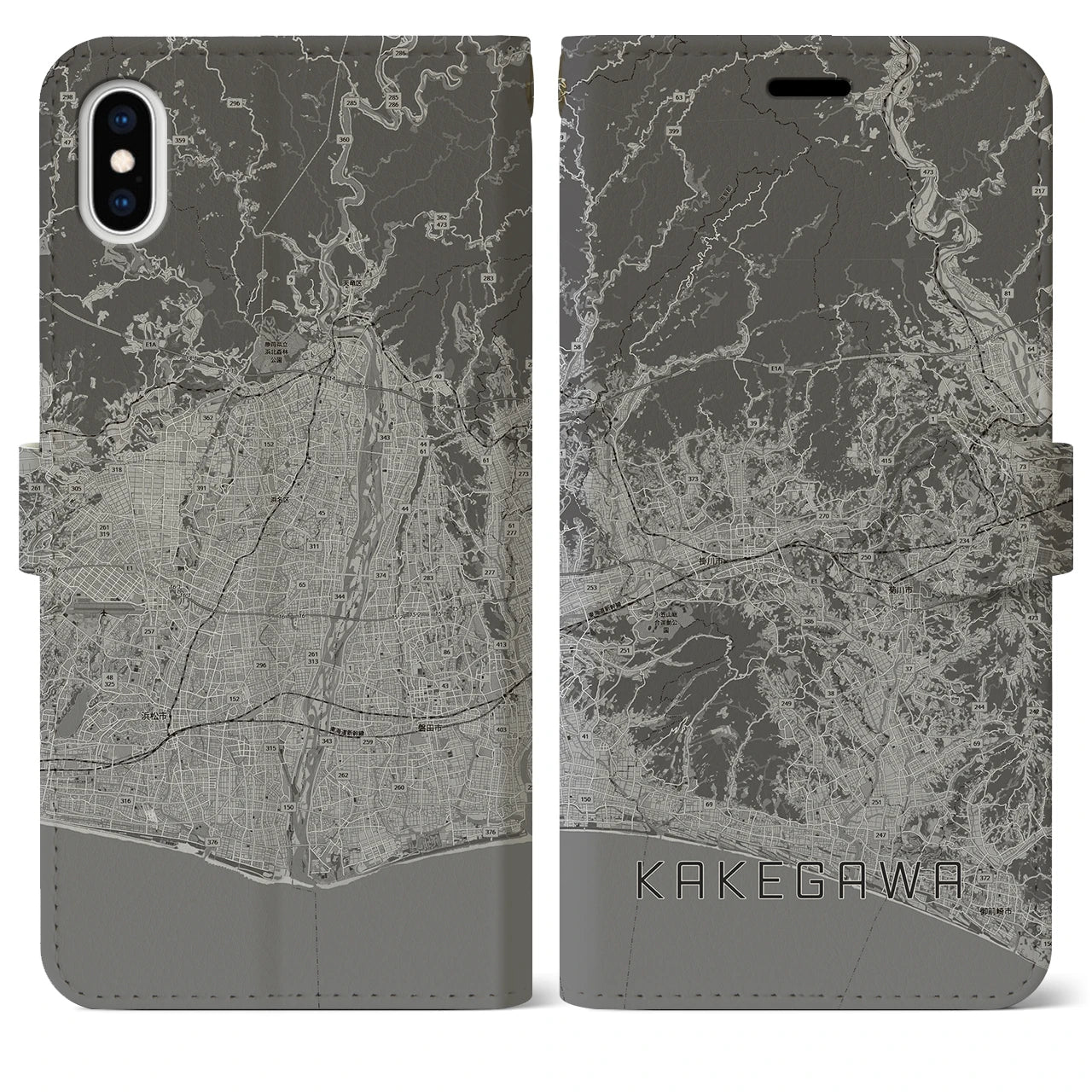 【掛川3(静岡県)】地図柄iPhoneケース(手帳タイプ)モノトーン・iPhone XS Max 用