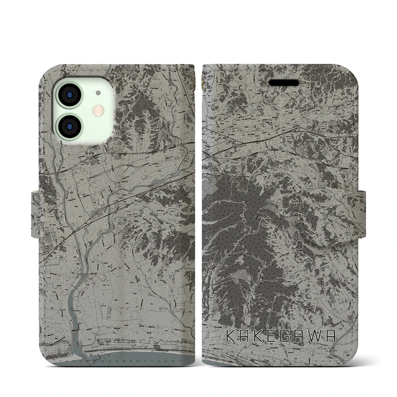 【掛川(静岡県)】地図柄iPhoneケース(手帳タイプ)モノトーン・iPhone 12 mini 用