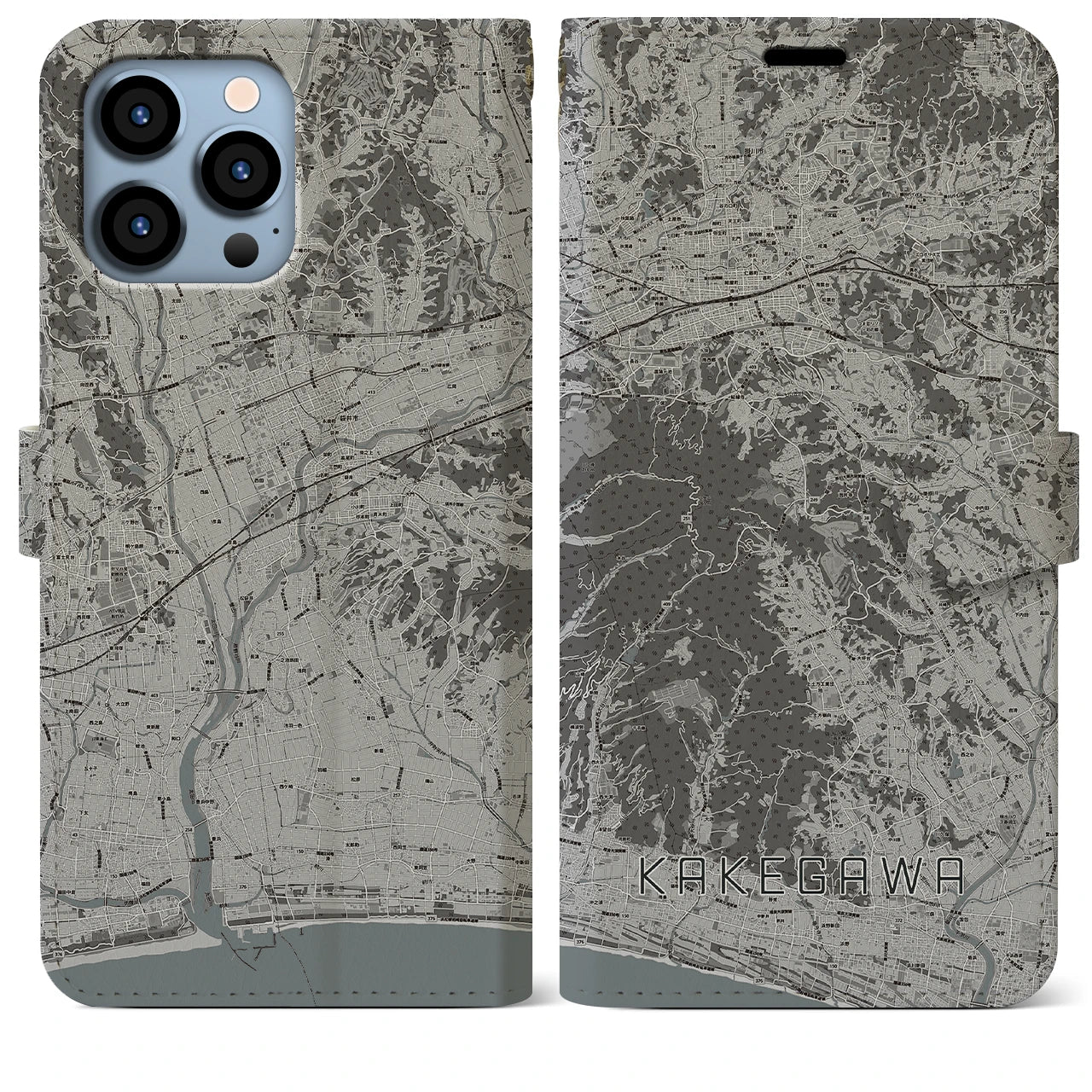 【掛川(静岡県)】地図柄iPhoneケース(手帳タイプ)モノトーン・iPhone 13 Pro Max 用