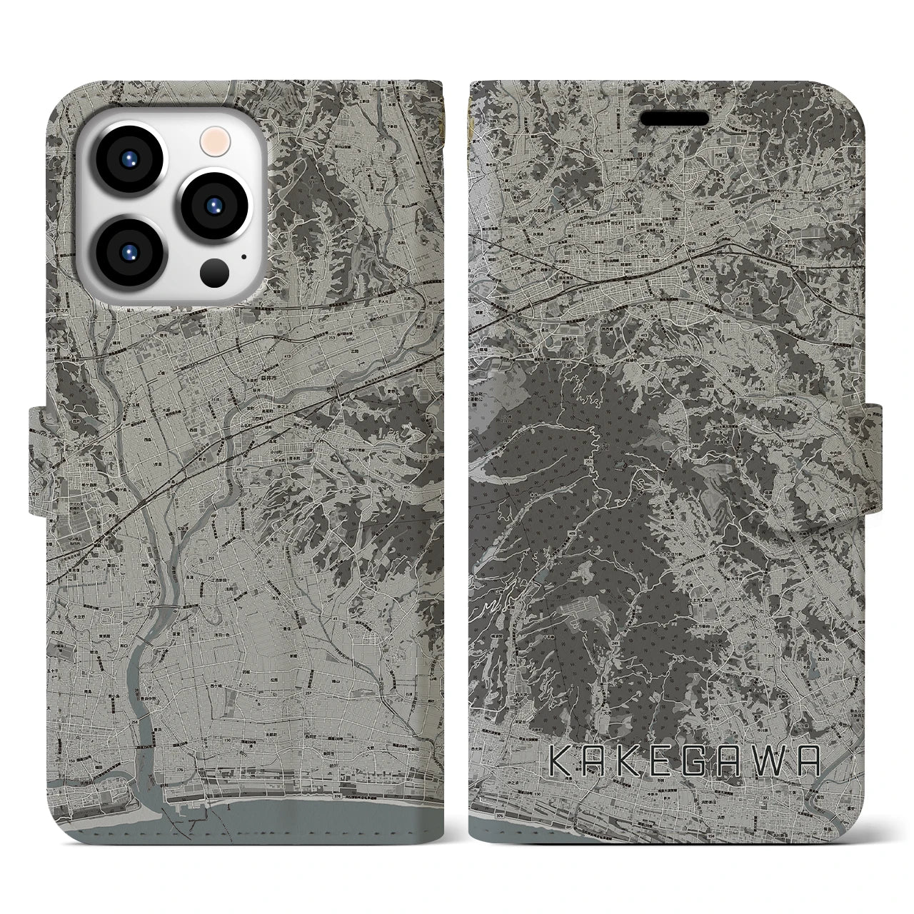 【掛川(静岡県)】地図柄iPhoneケース(手帳タイプ)モノトーン・iPhone 13 Pro 用