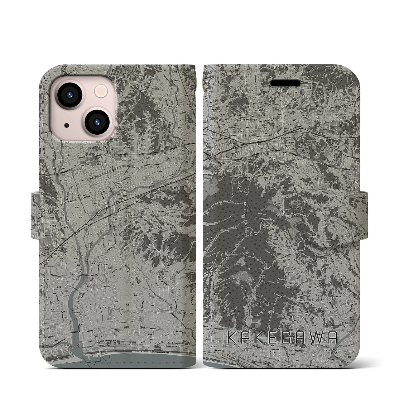 【掛川(静岡県)】地図柄iPhoneケース(手帳タイプ)モノトーン・iPhone 13 mini 用