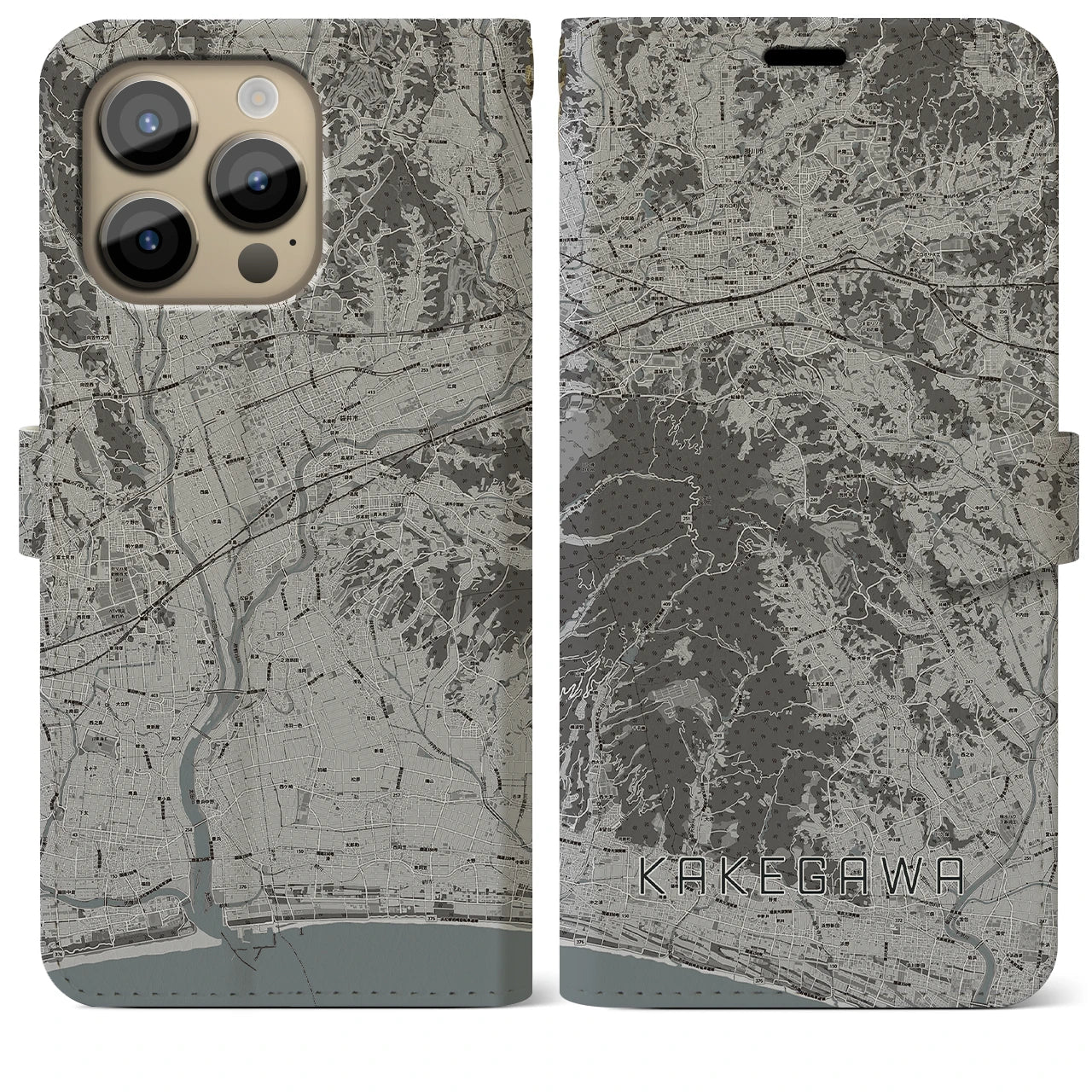 【掛川(静岡県)】地図柄iPhoneケース(手帳タイプ)モノトーン・iPhone 14 Pro Max 用