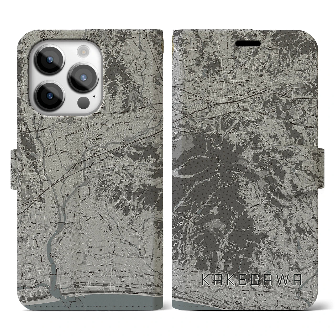 【掛川(静岡県)】地図柄iPhoneケース(手帳タイプ)モノトーン・iPhone 14 Pro 用
