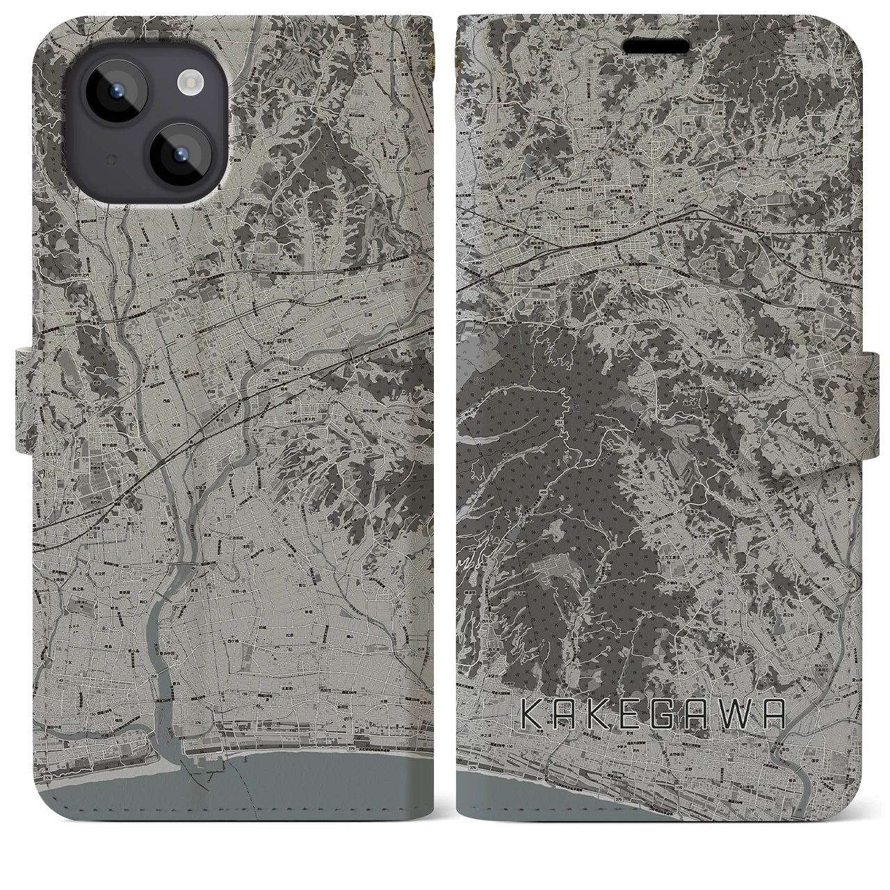 【掛川(静岡県)】地図柄iPhoneケース(手帳タイプ)モノトーン・iPhone 14 Plus 用