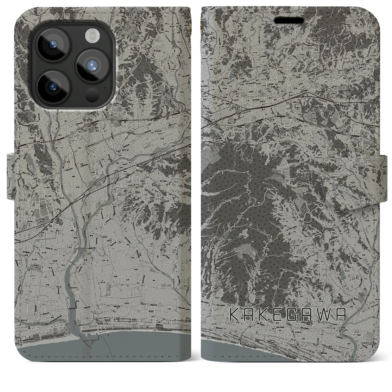 【掛川(静岡県)】地図柄iPhoneケース(手帳タイプ)モノトーン・iPhone 15 Pro Max 用