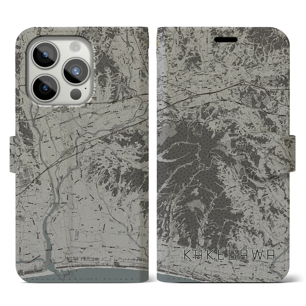 【掛川(静岡県)】地図柄iPhoneケース(手帳タイプ)モノトーン・iPhone 15 Pro 用