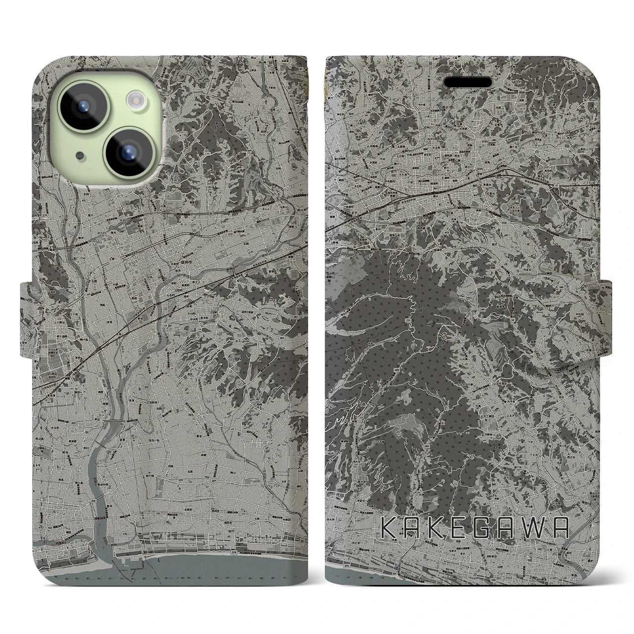 【掛川(静岡県)】地図柄iPhoneケース(手帳タイプ)モノトーン・iPhone 15 用