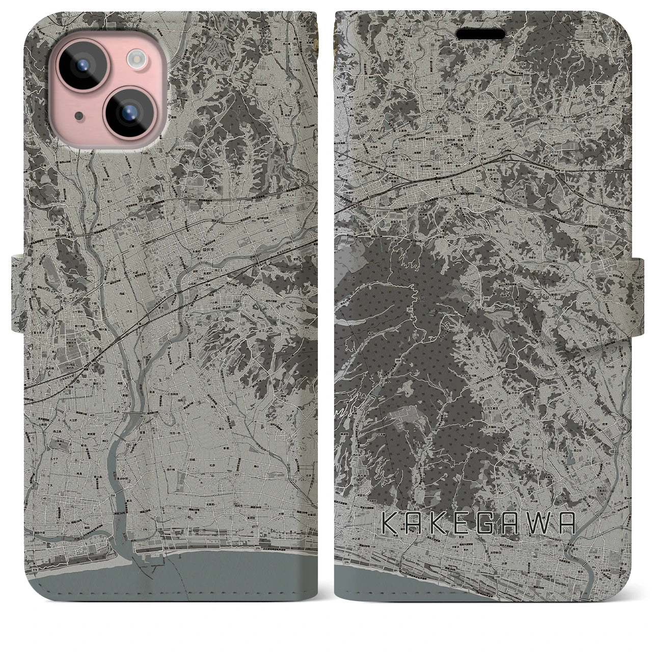 【掛川(静岡県)】地図柄iPhoneケース(手帳タイプ)モノトーン・iPhone 15 Plus 用