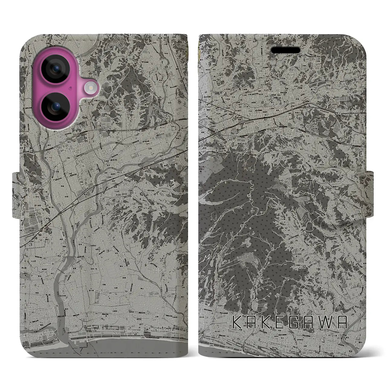 【掛川(静岡県)】地図柄iPhoneケース(手帳タイプ)モノトーン・iPhone 16 Pro 用