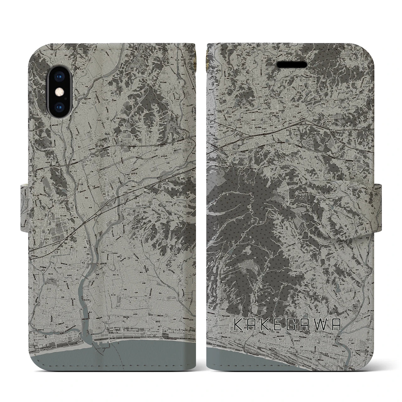 【掛川(静岡県)】地図柄iPhoneケース(手帳タイプ)モノトーン・iPhone XS / X 用