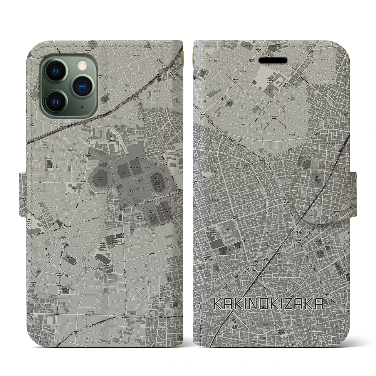 【柿の木坂(東京都)】地図柄iPhoneケース(手帳タイプ)モノトーン・iPhone 11 Pro 用