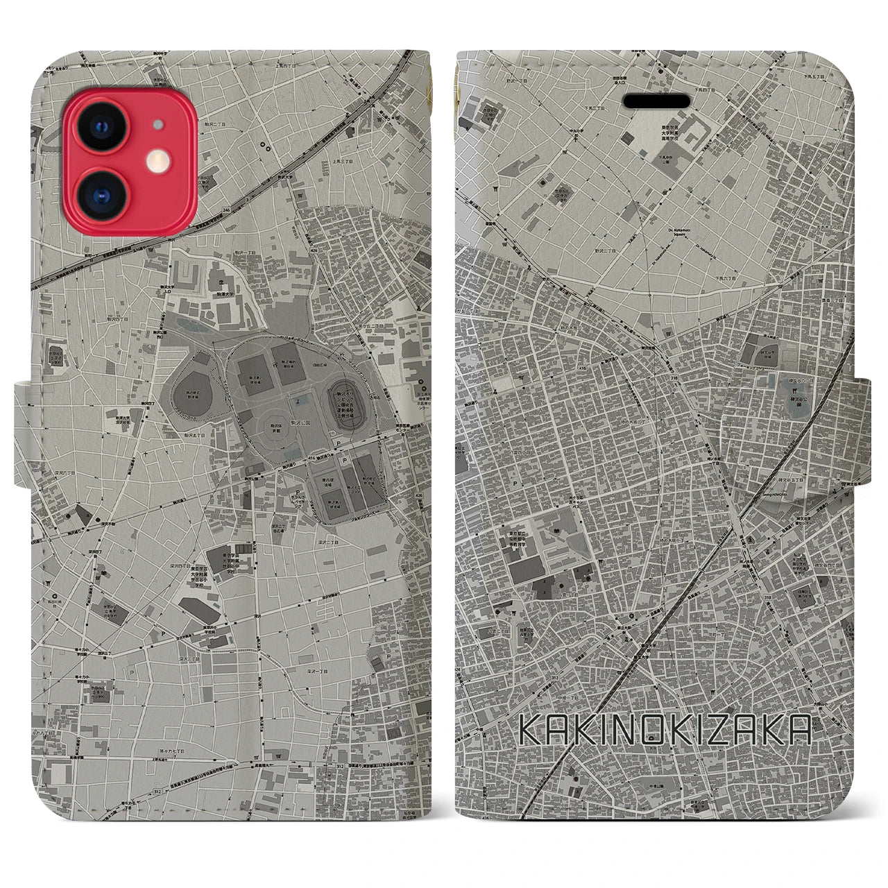 【柿の木坂(東京都)】地図柄iPhoneケース(手帳タイプ)モノトーン・iPhone 11 用