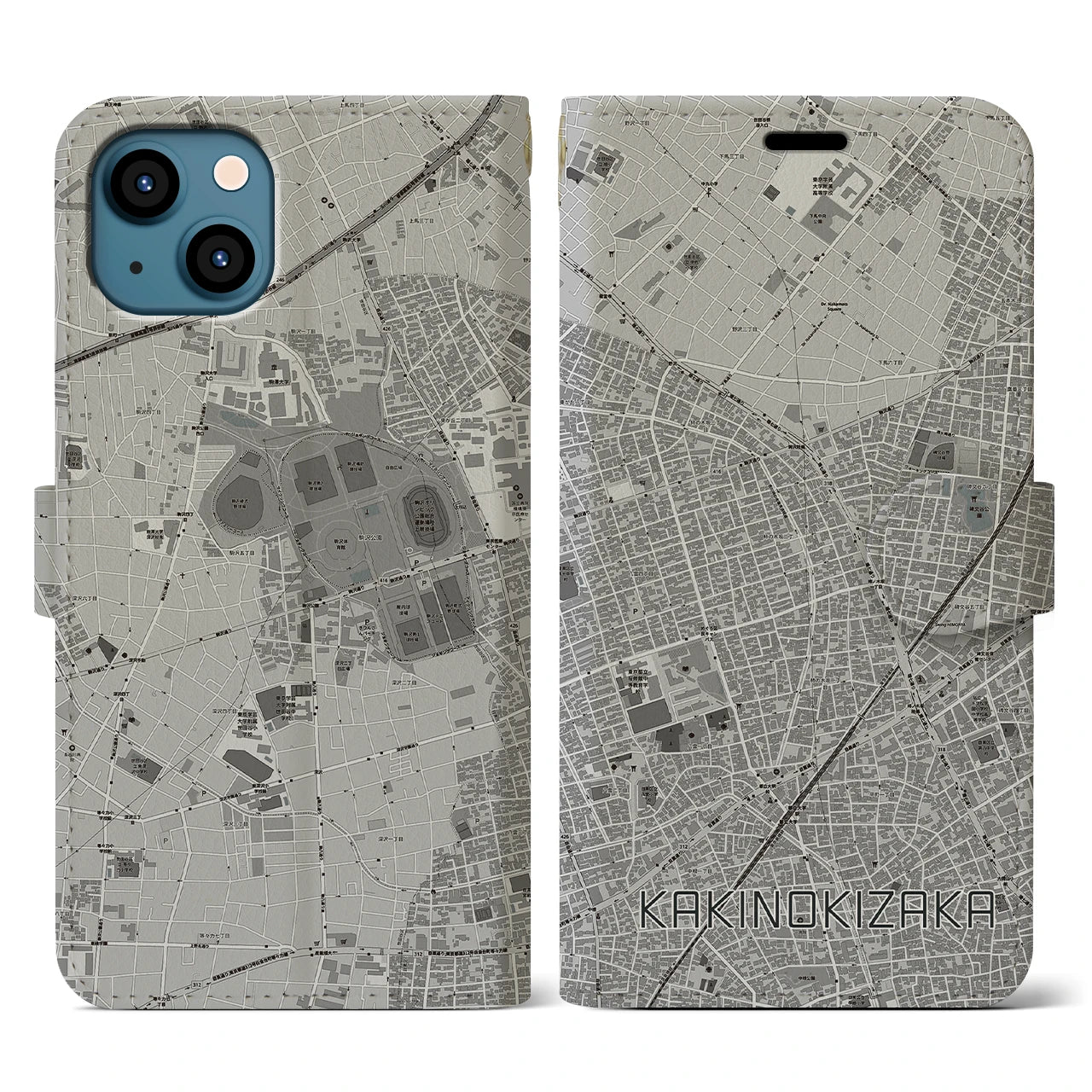 【柿の木坂(東京都)】地図柄iPhoneケース(手帳タイプ)モノトーン・iPhone 13 用