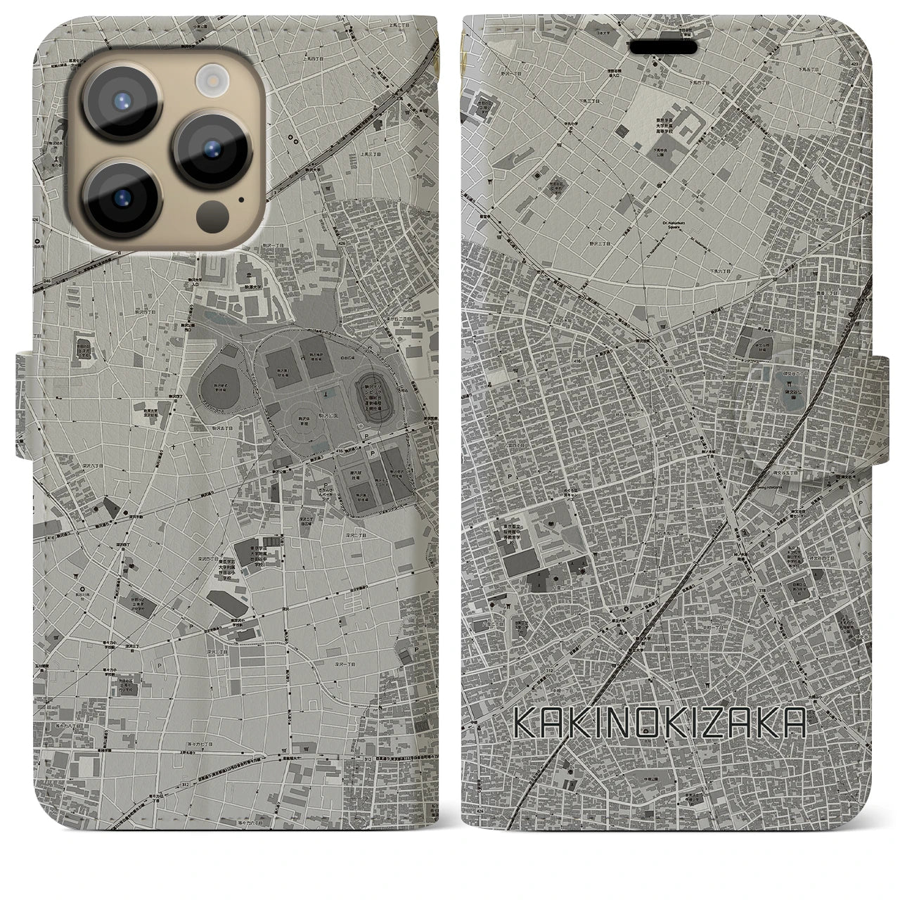 【柿の木坂(東京都)】地図柄iPhoneケース(手帳タイプ)モノトーン・iPhone 14 Pro Max 用