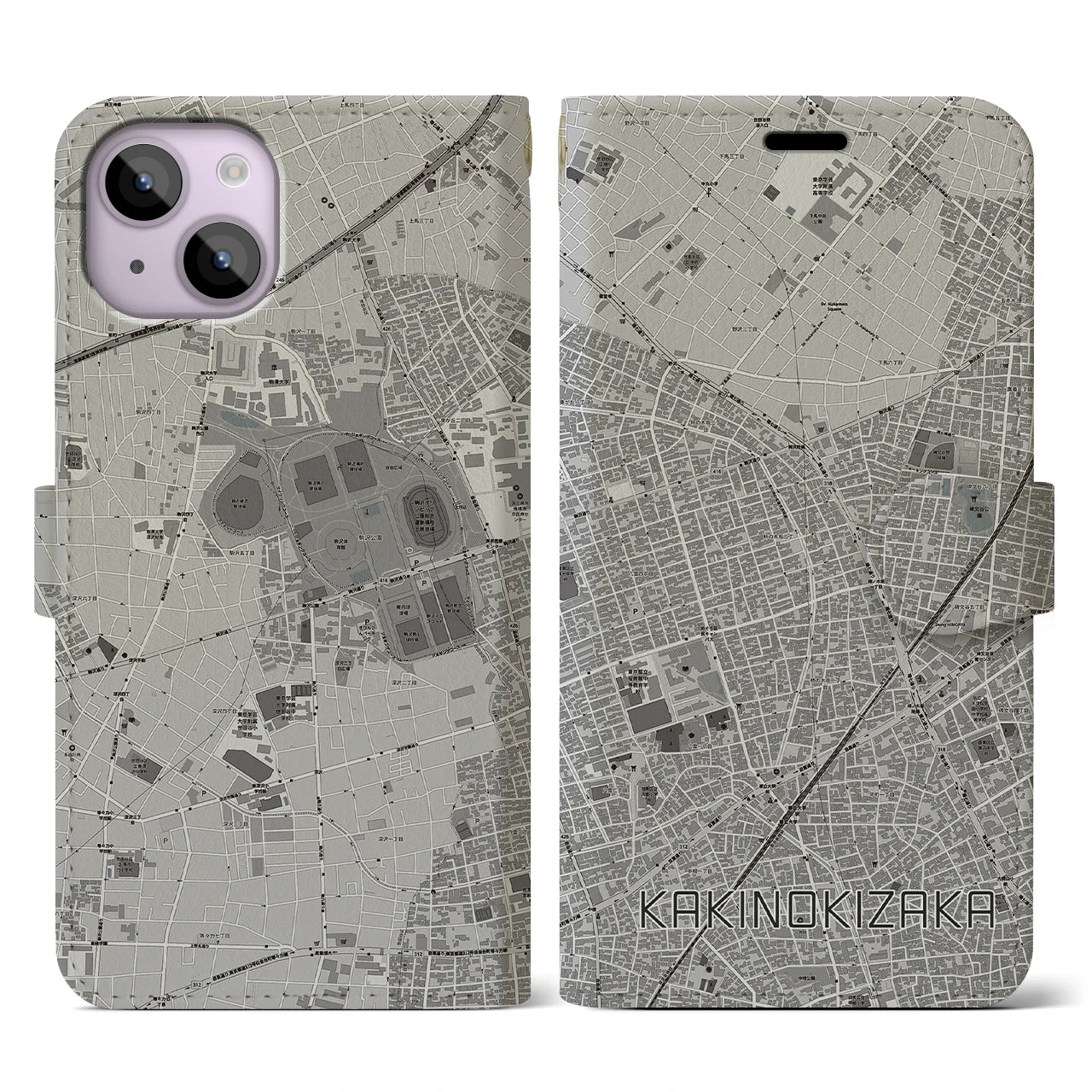 【柿の木坂(東京都)】地図柄iPhoneケース(手帳タイプ)モノトーン・iPhone 14 用