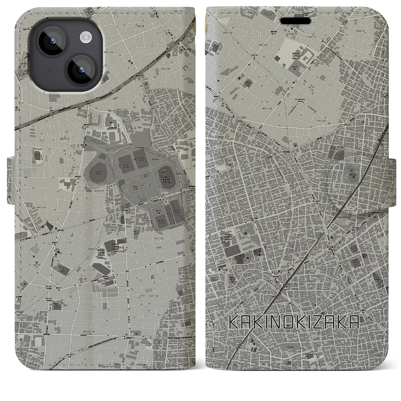 【柿の木坂(東京都)】地図柄iPhoneケース(手帳タイプ)モノトーン・iPhone 14 Plus 用