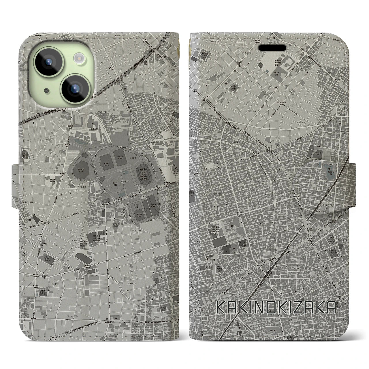 【柿の木坂(東京都)】地図柄iPhoneケース(手帳タイプ)モノトーン・iPhone 15 用