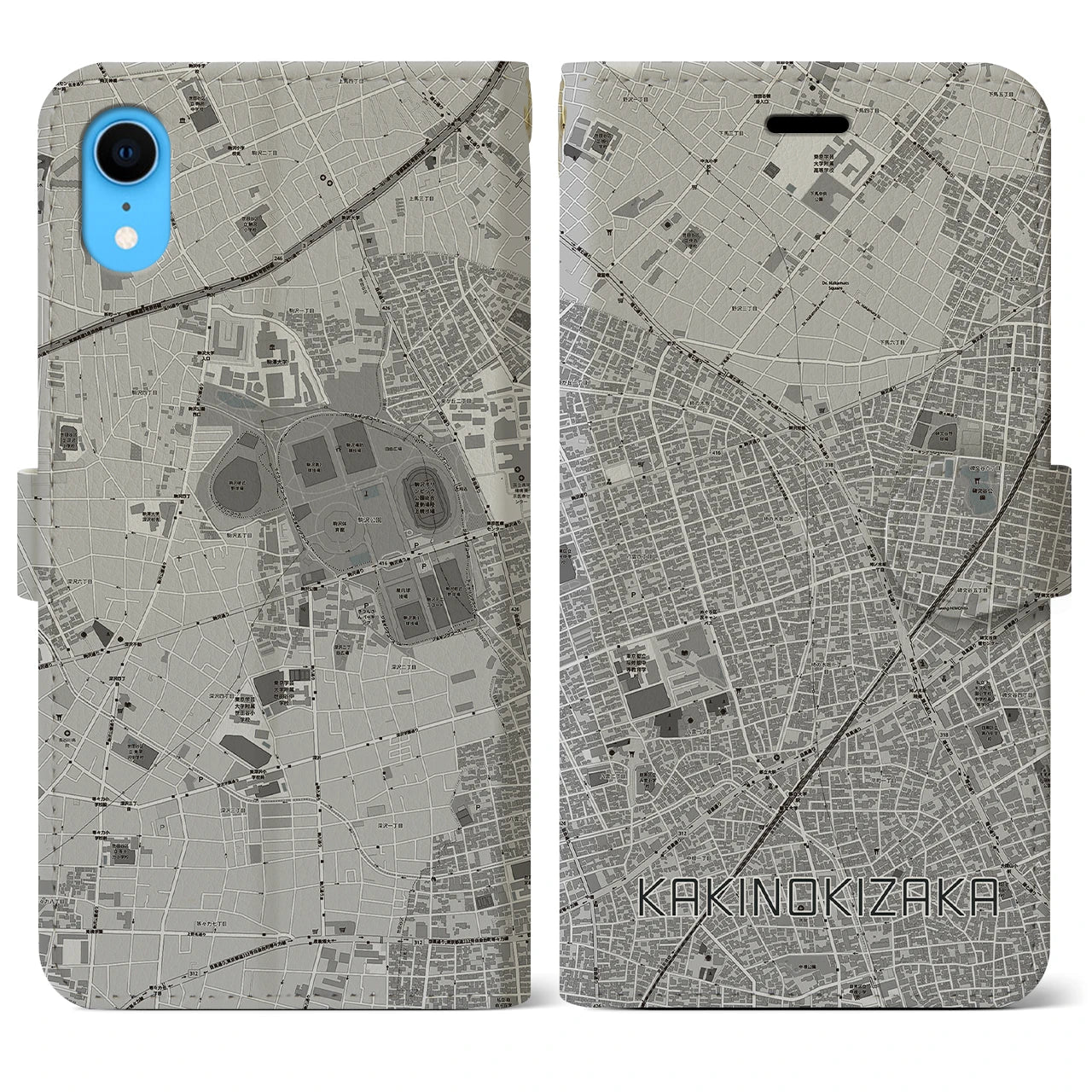 【柿の木坂(東京都)】地図柄iPhoneケース(手帳タイプ)モノトーン・iPhone XR 用