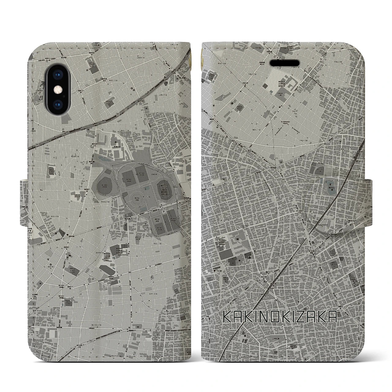 【柿の木坂(東京都)】地図柄iPhoneケース(手帳タイプ)モノトーン・iPhone XS / X 用