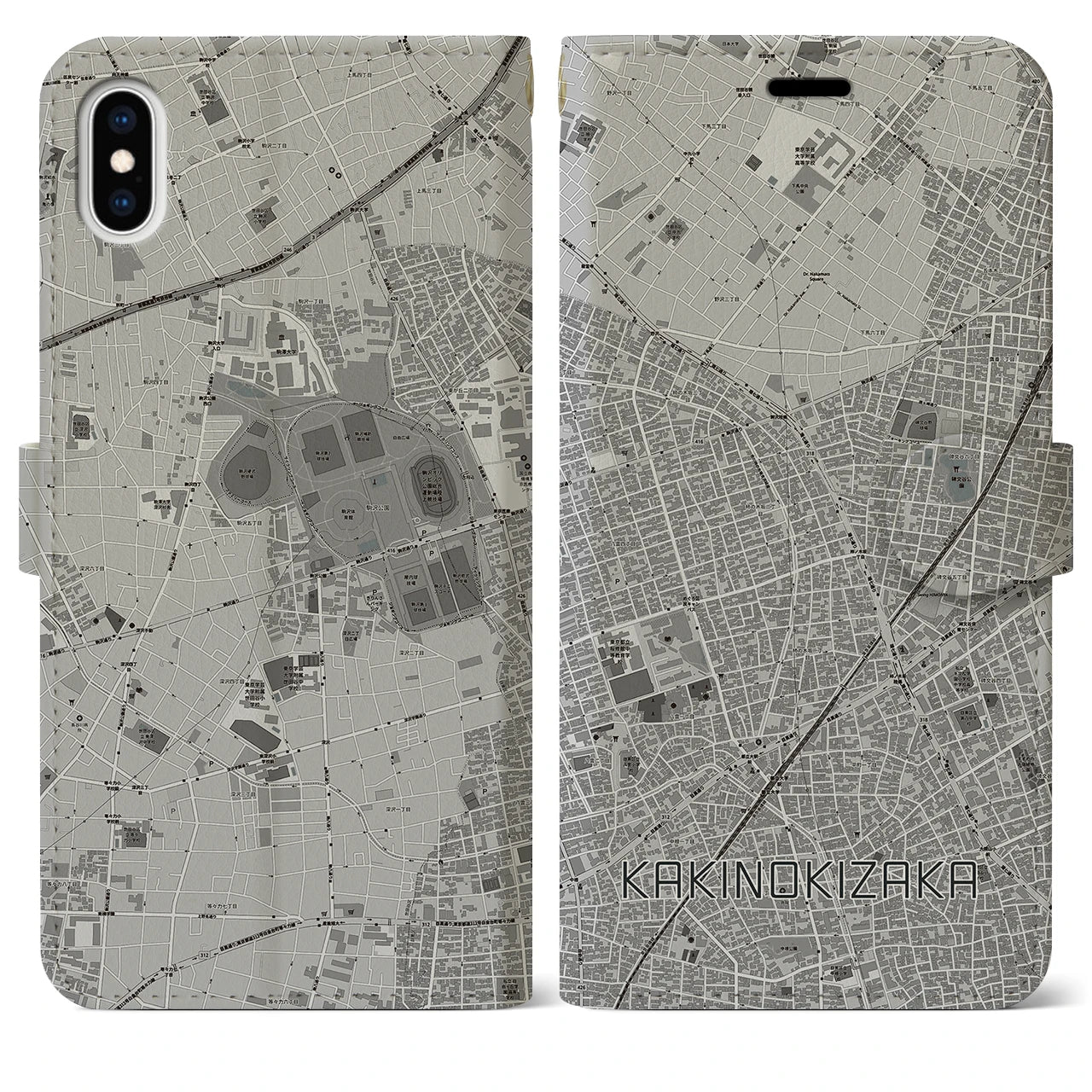 【柿の木坂(東京都)】地図柄iPhoneケース(手帳タイプ)モノトーン・iPhone XS Max 用