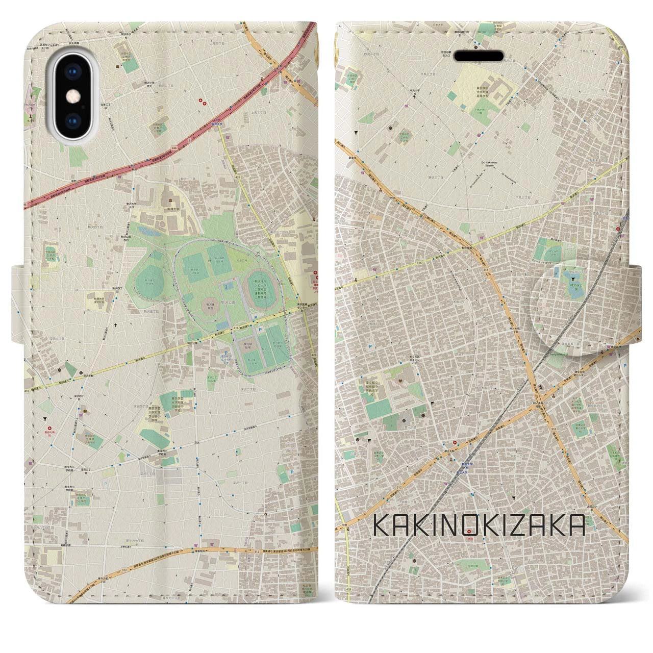 【柿の木坂(東京都)】地図柄iPhoneケース(手帳タイプ)ナチュラル・iPhone XS Max 用
