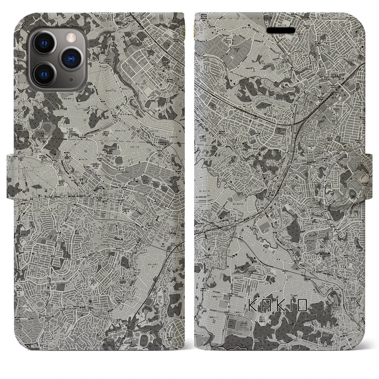 【柿生(神奈川県)】地図柄iPhoneケース(手帳タイプ)モノトーン・iPhone 11 Pro Max 用