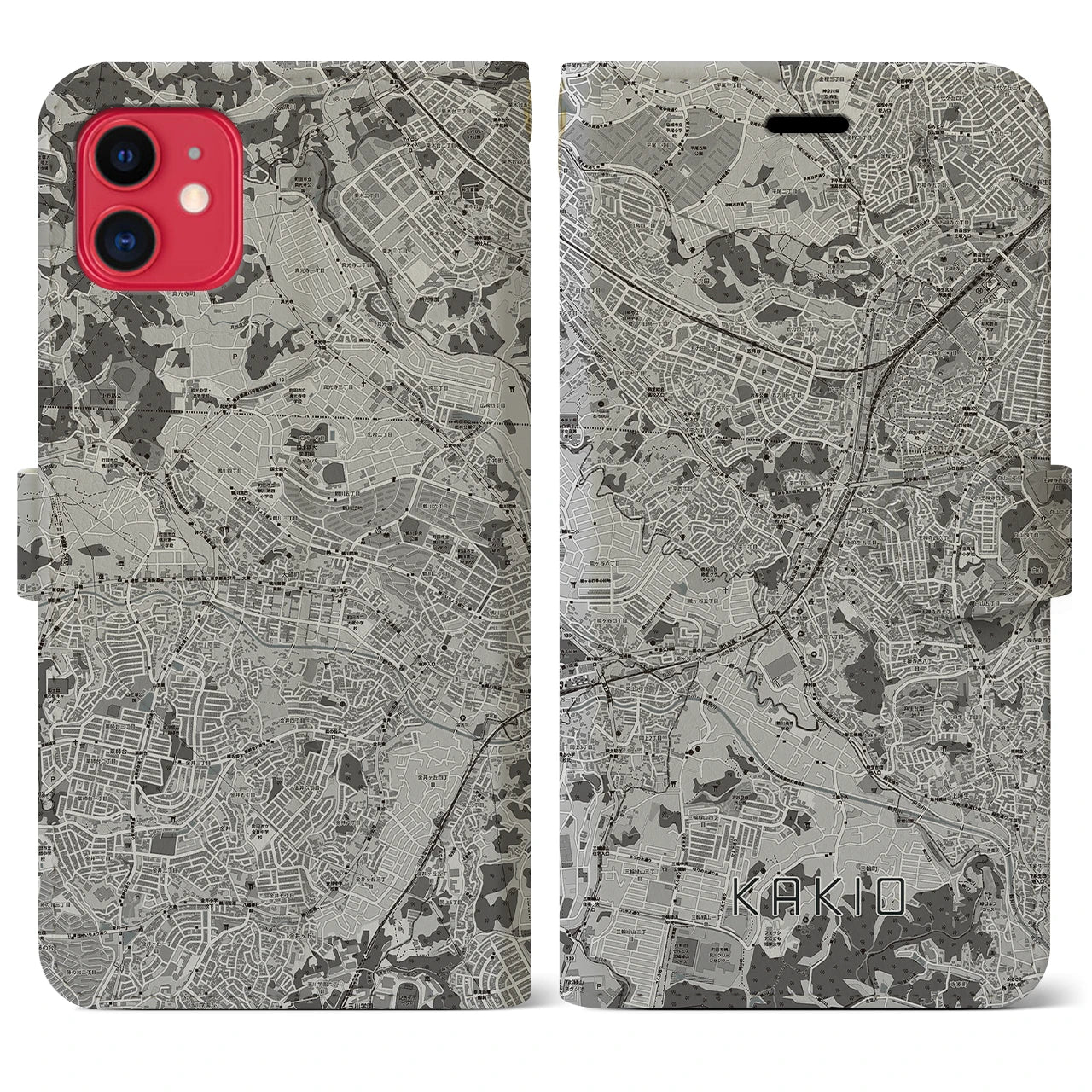 【柿生(神奈川県)】地図柄iPhoneケース(手帳タイプ)モノトーン・iPhone 11 用