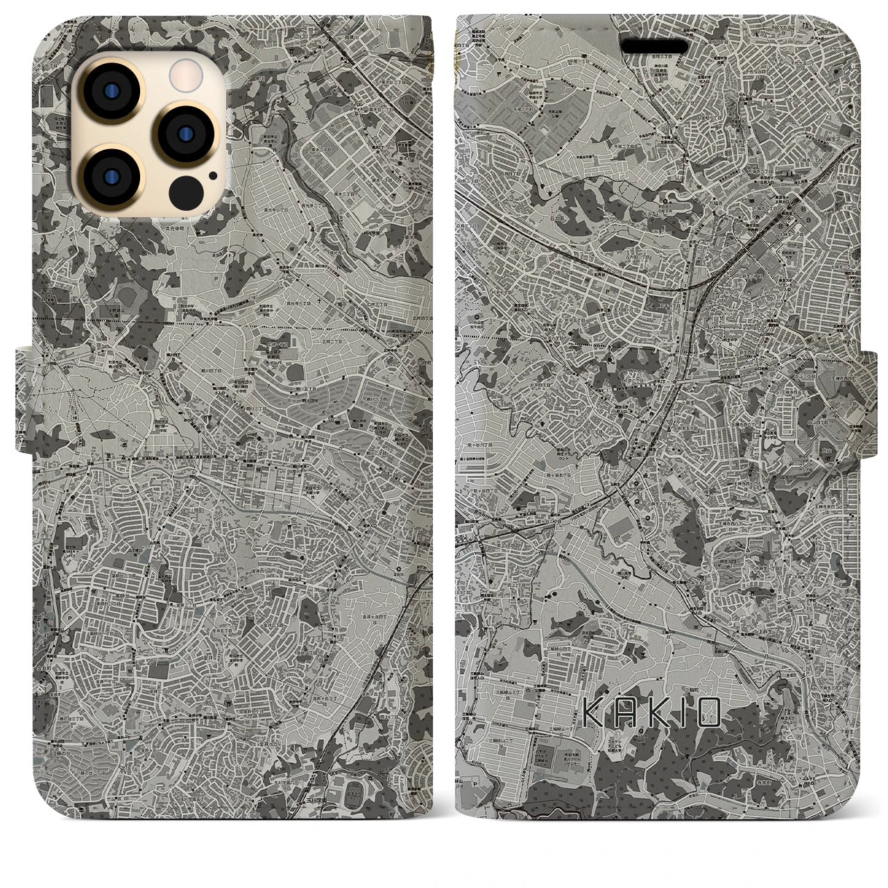 【柿生(神奈川県)】地図柄iPhoneケース(手帳タイプ)モノトーン・iPhone 12 Pro Max 用