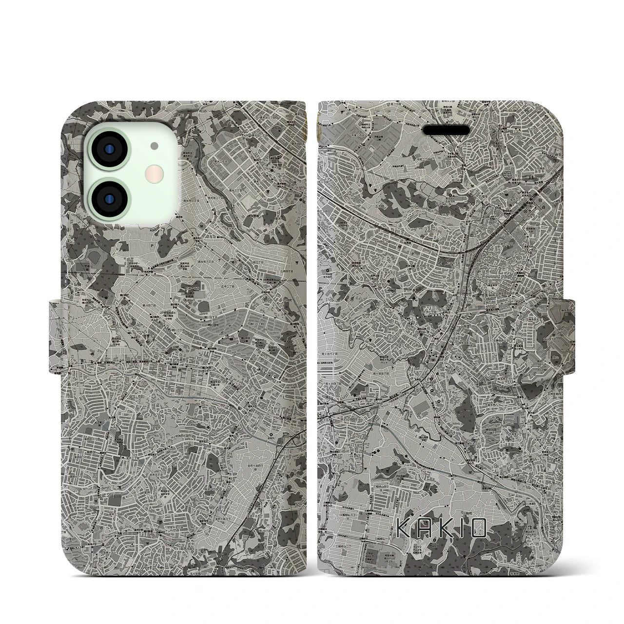【柿生(神奈川県)】地図柄iPhoneケース(手帳タイプ)モノトーン・iPhone 12 mini 用