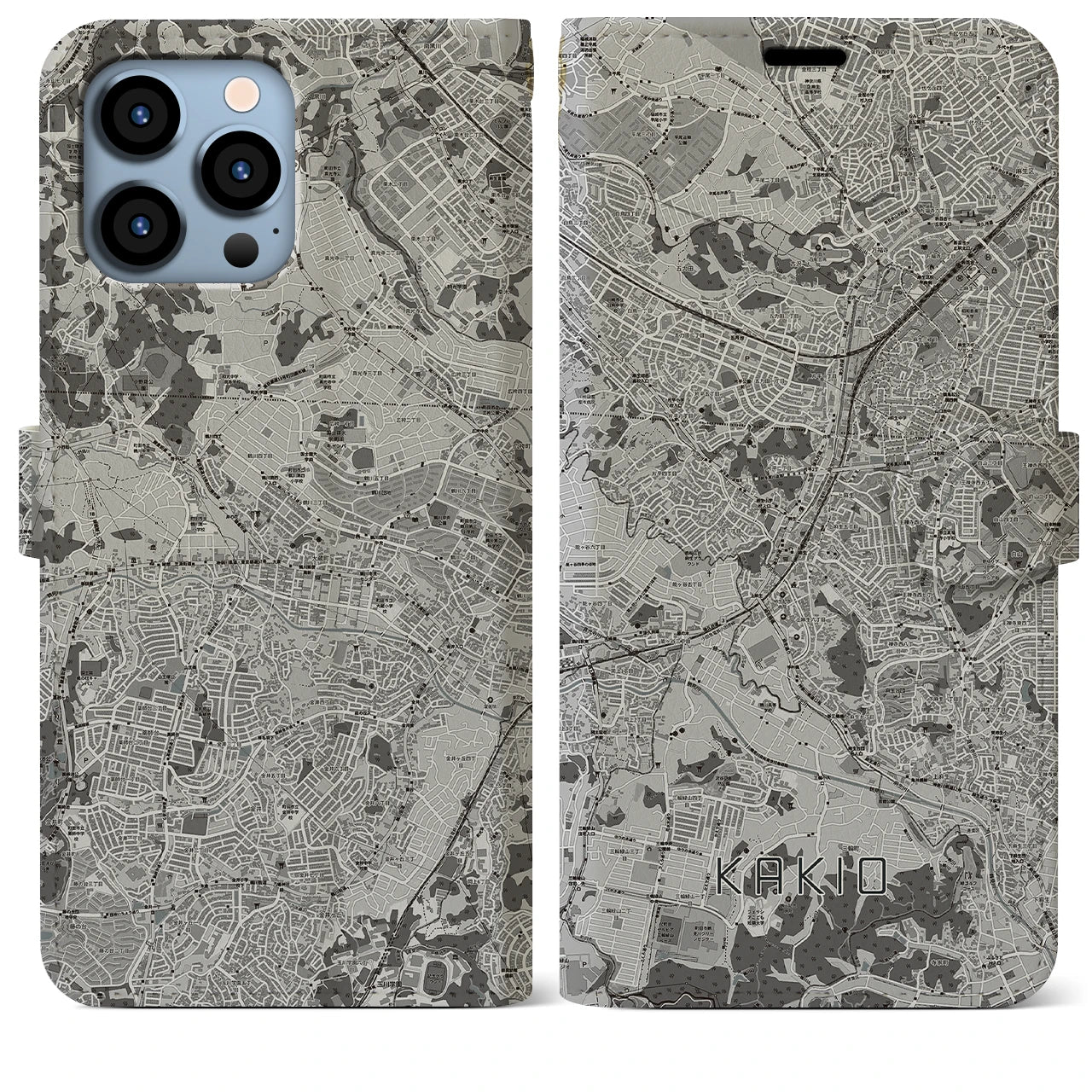 【柿生(神奈川県)】地図柄iPhoneケース(手帳タイプ)モノトーン・iPhone 13 Pro Max 用