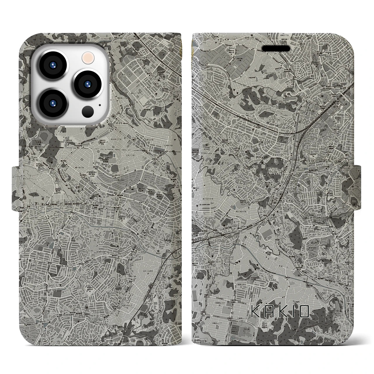 【柿生(神奈川県)】地図柄iPhoneケース(手帳タイプ)モノトーン・iPhone 13 Pro 用