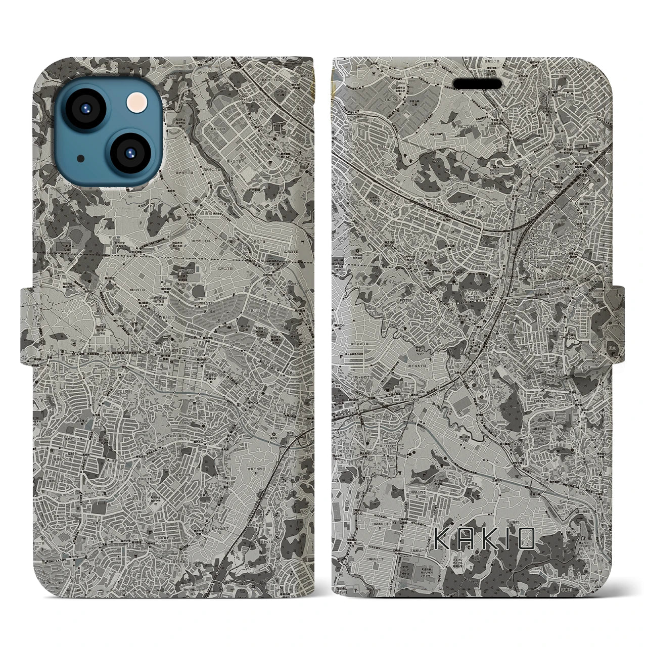 【柿生(神奈川県)】地図柄iPhoneケース(手帳タイプ)モノトーン・iPhone 13 用