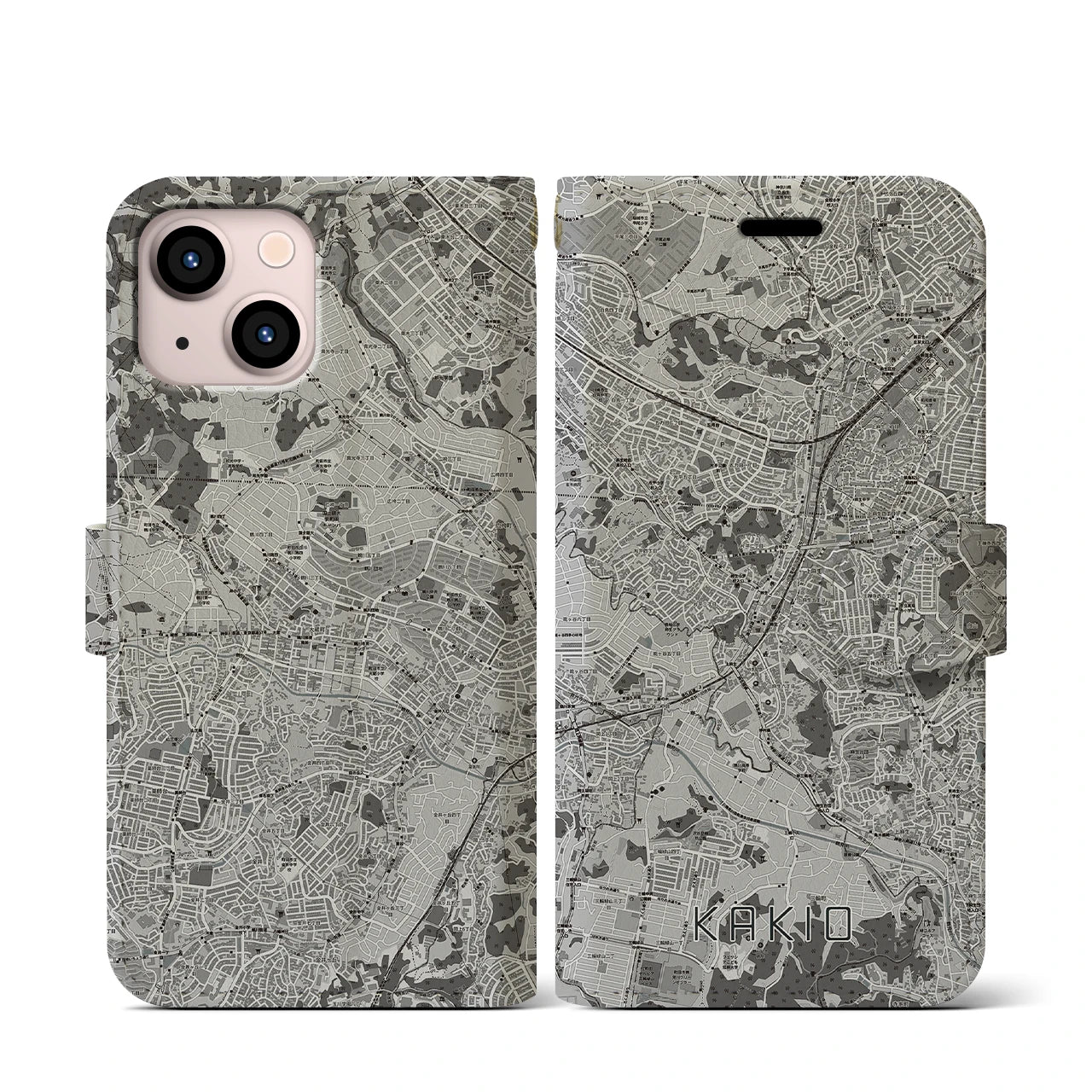 【柿生(神奈川県)】地図柄iPhoneケース(手帳タイプ)モノトーン・iPhone 13 mini 用