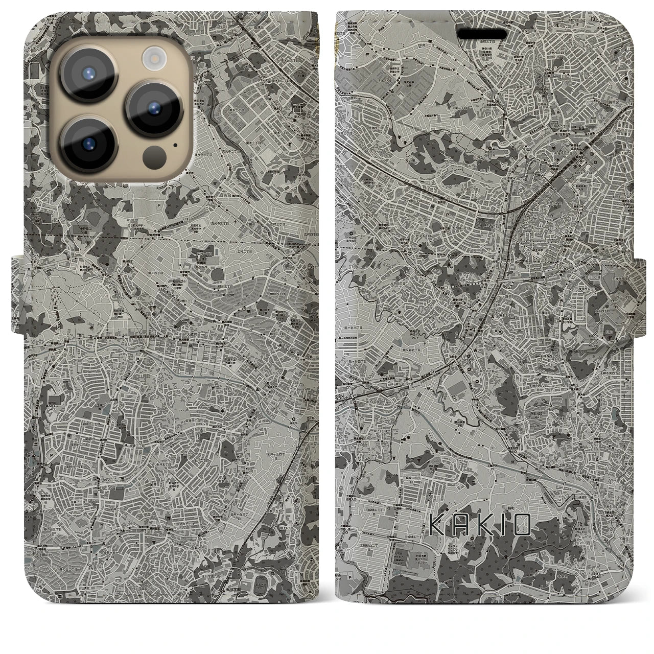 【柿生(神奈川県)】地図柄iPhoneケース(手帳タイプ)モノトーン・iPhone 14 Pro Max 用