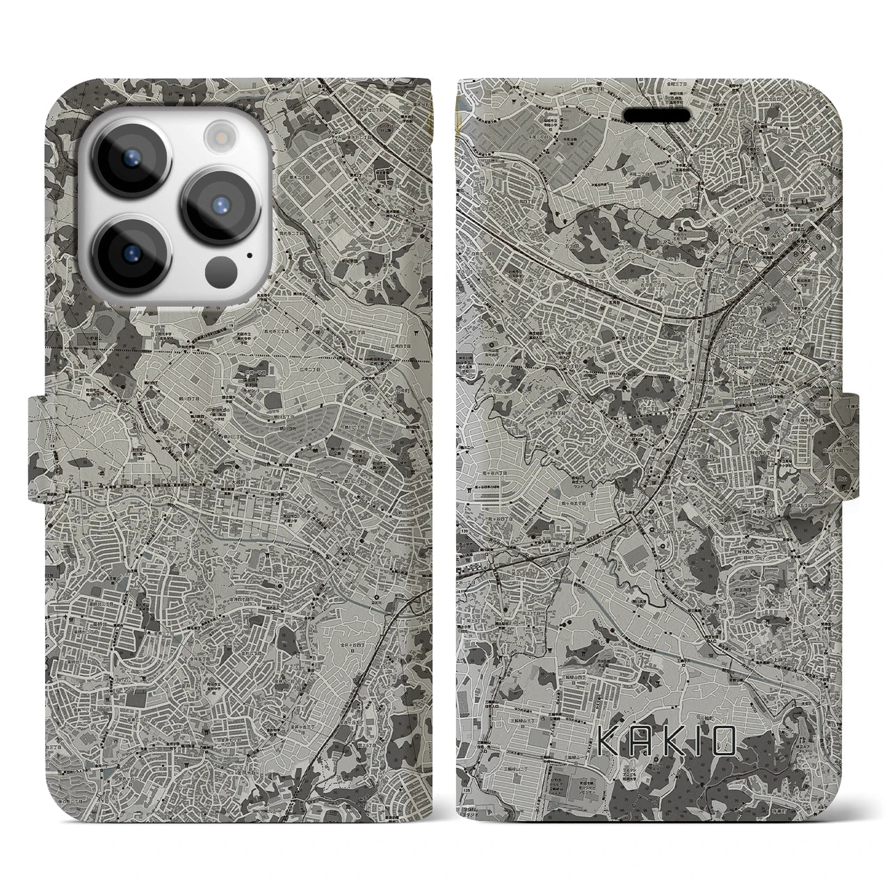 【柿生(神奈川県)】地図柄iPhoneケース(手帳タイプ)モノトーン・iPhone 14 Pro 用