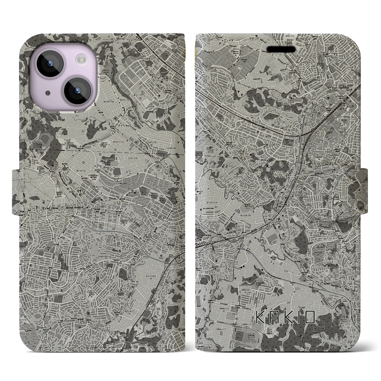 【柿生(神奈川県)】地図柄iPhoneケース(手帳タイプ)モノトーン・iPhone 14 用