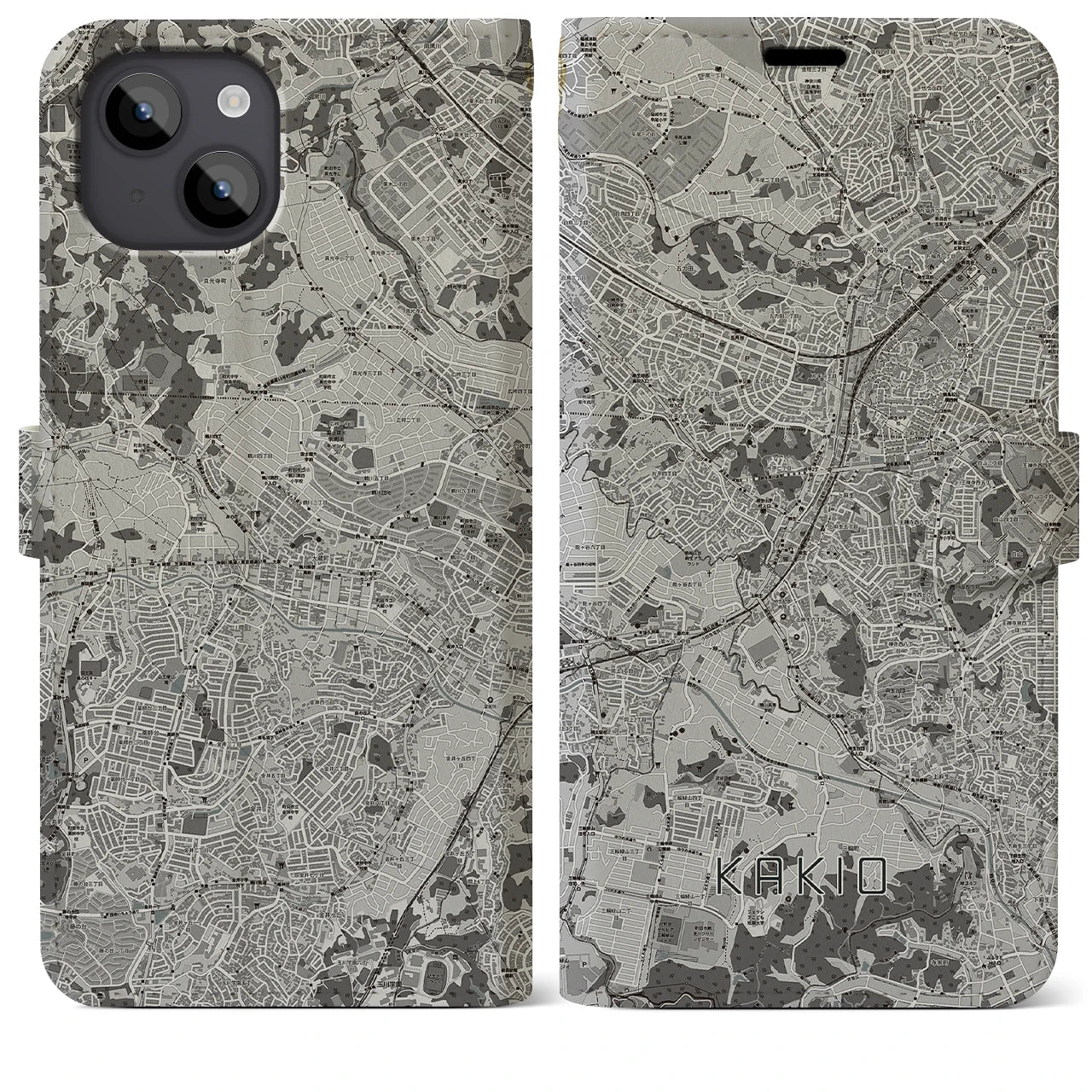 【柿生(神奈川県)】地図柄iPhoneケース(手帳タイプ)モノトーン・iPhone 14 Plus 用