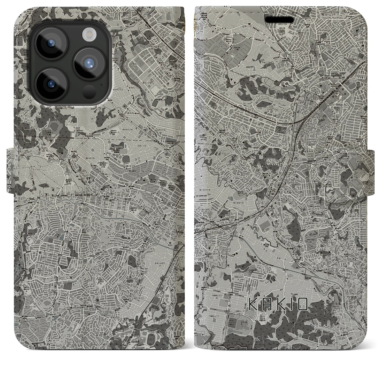 【柿生(神奈川県)】地図柄iPhoneケース(手帳タイプ)モノトーン・iPhone 15 Pro Max 用