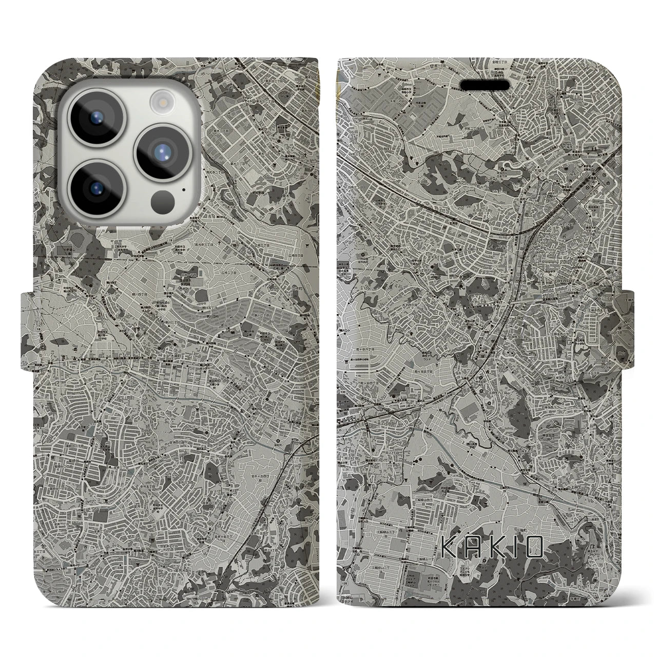 【柿生(神奈川県)】地図柄iPhoneケース(手帳タイプ)モノトーン・iPhone 15 Pro 用