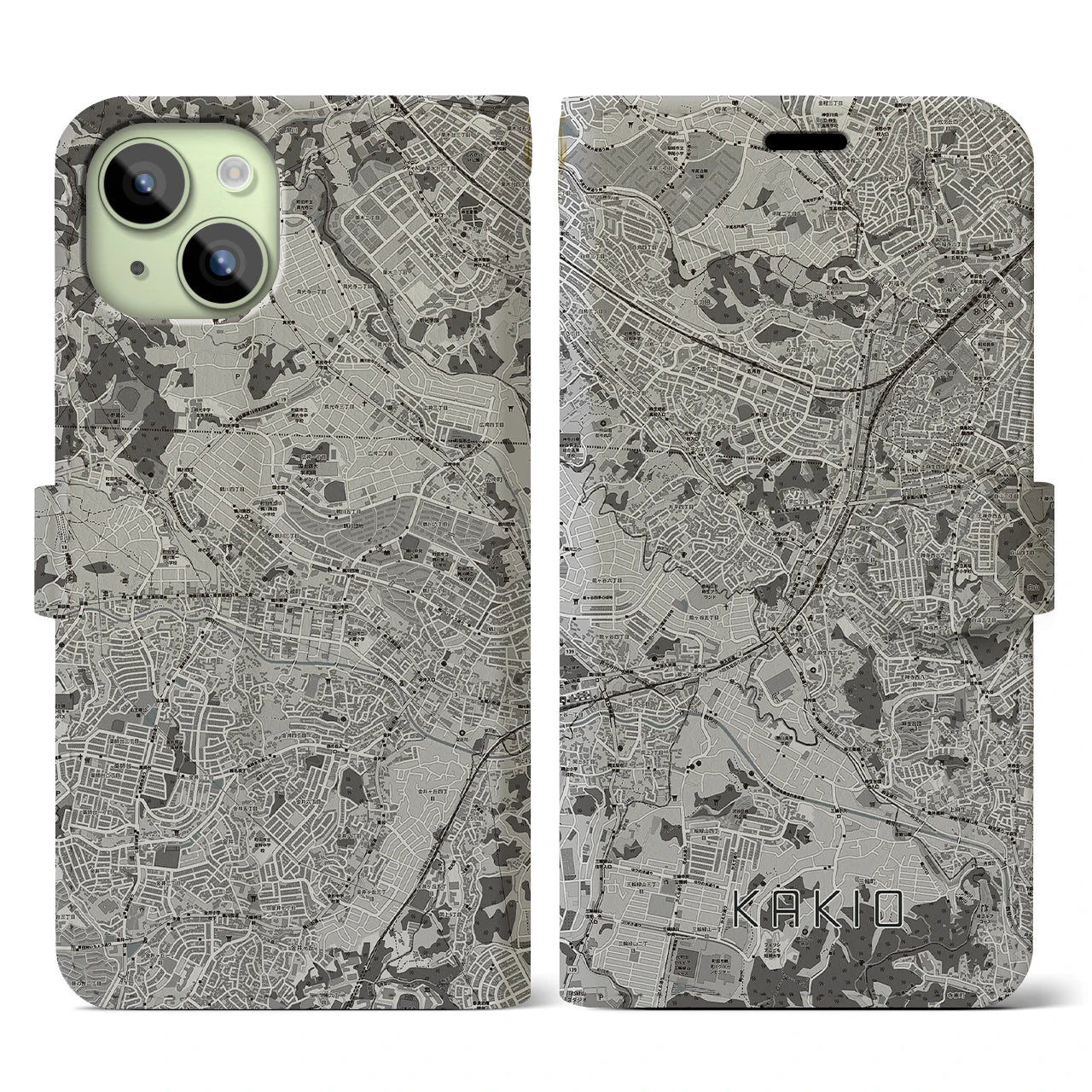 【柿生(神奈川県)】地図柄iPhoneケース(手帳タイプ)モノトーン・iPhone 15 用