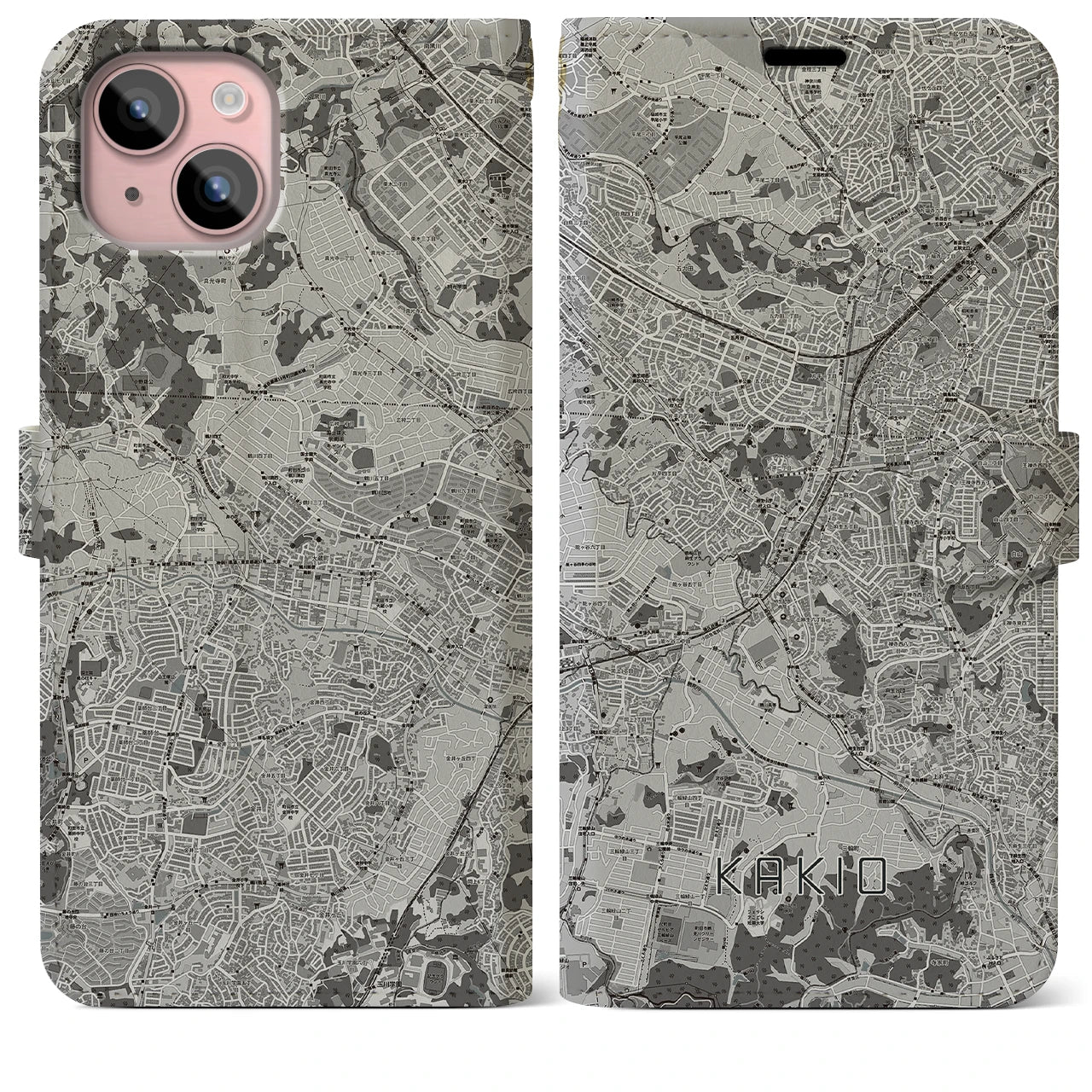 【柿生(神奈川県)】地図柄iPhoneケース(手帳タイプ)モノトーン・iPhone 15 Plus 用