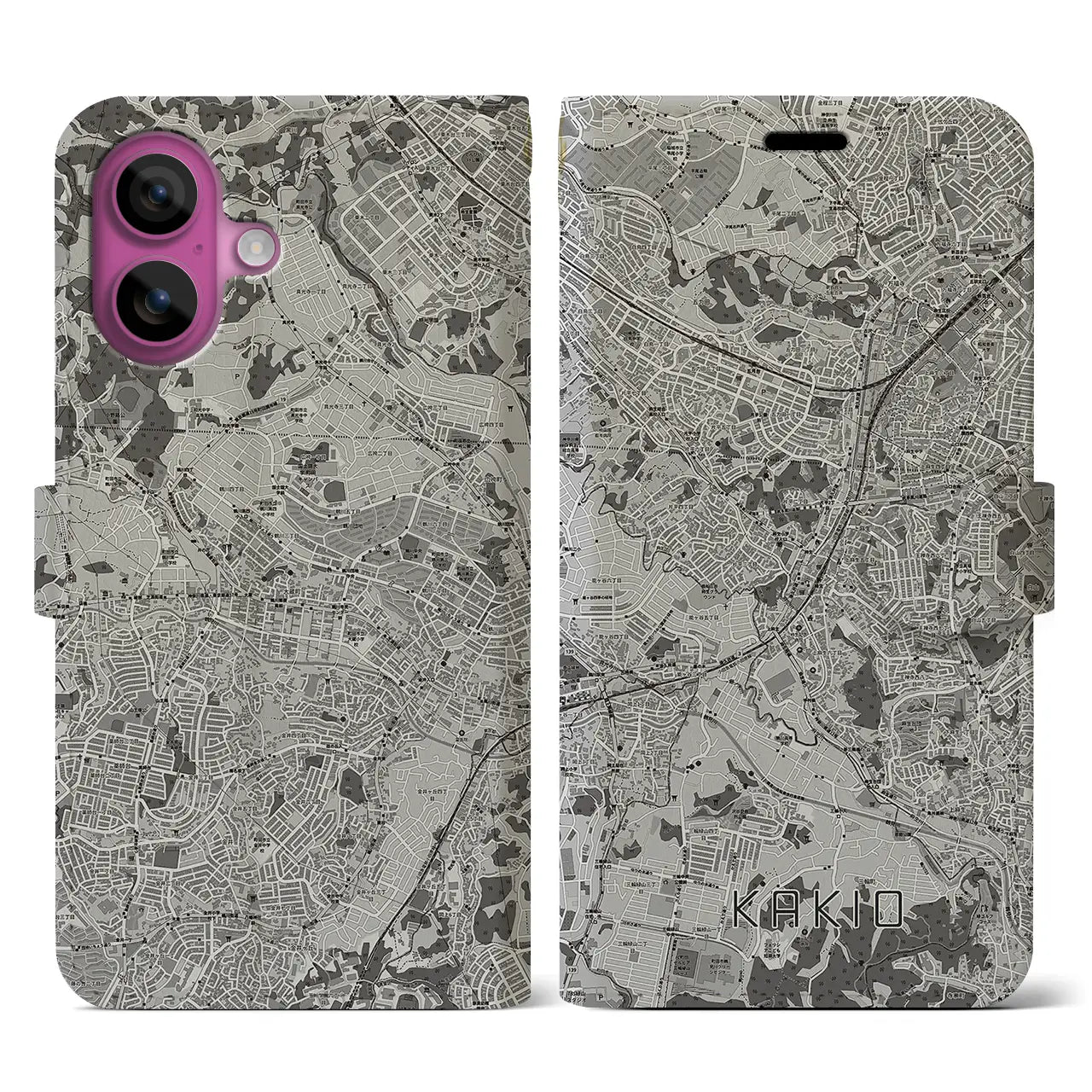 【柿生(神奈川県)】地図柄iPhoneケース(手帳タイプ)モノトーン・iPhone 16 Pro 用