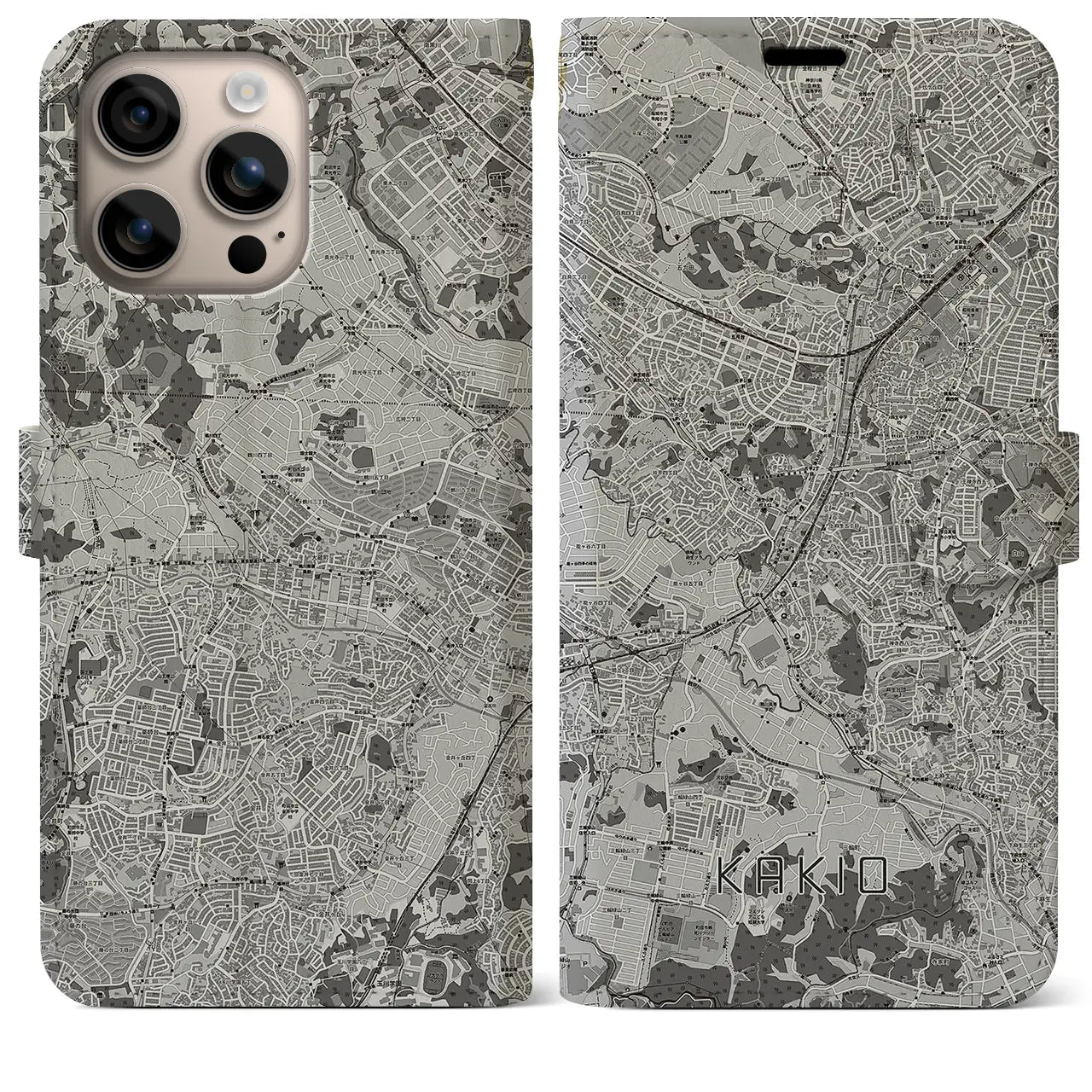 【柿生(神奈川県)】地図柄iPhoneケース(手帳タイプ)モノトーン・iPhone 16 Plus 用