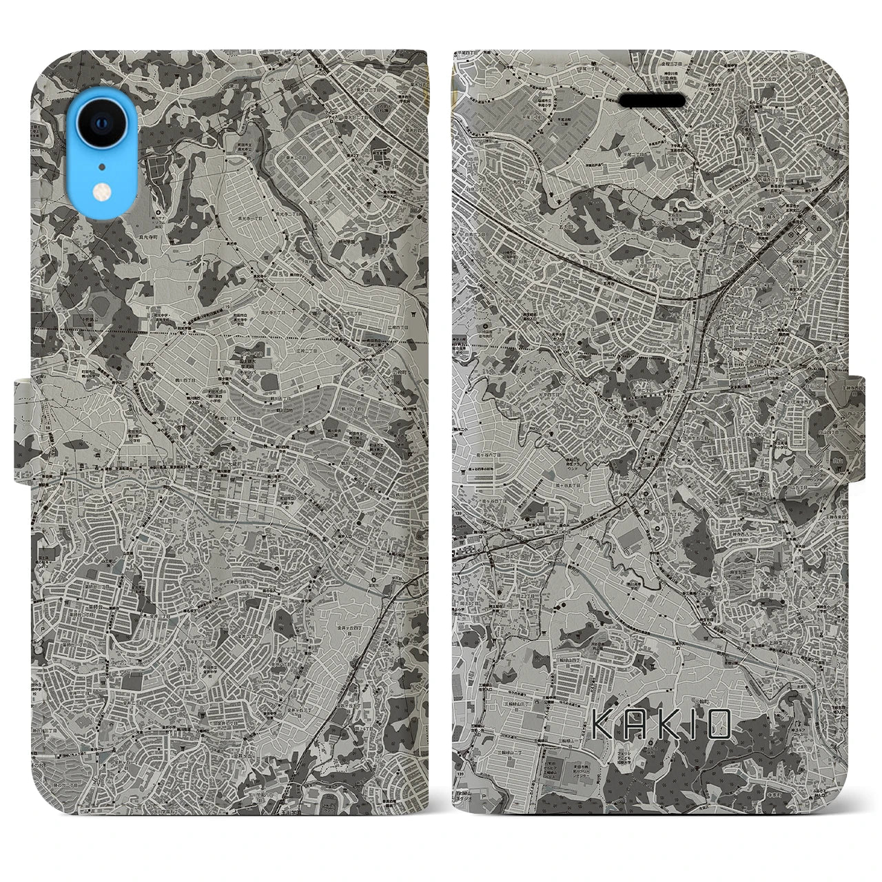 【柿生(神奈川県)】地図柄iPhoneケース(手帳タイプ)モノトーン・iPhone XR 用