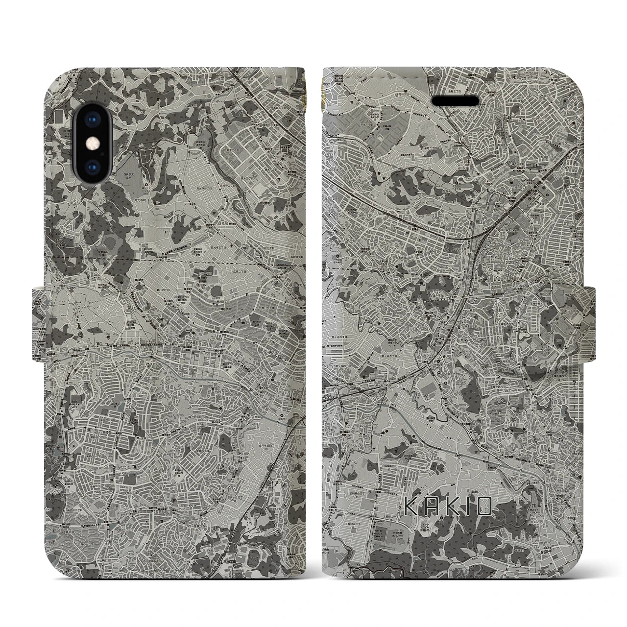 【柿生(神奈川県)】地図柄iPhoneケース(手帳タイプ)モノトーン・iPhone XS / X 用