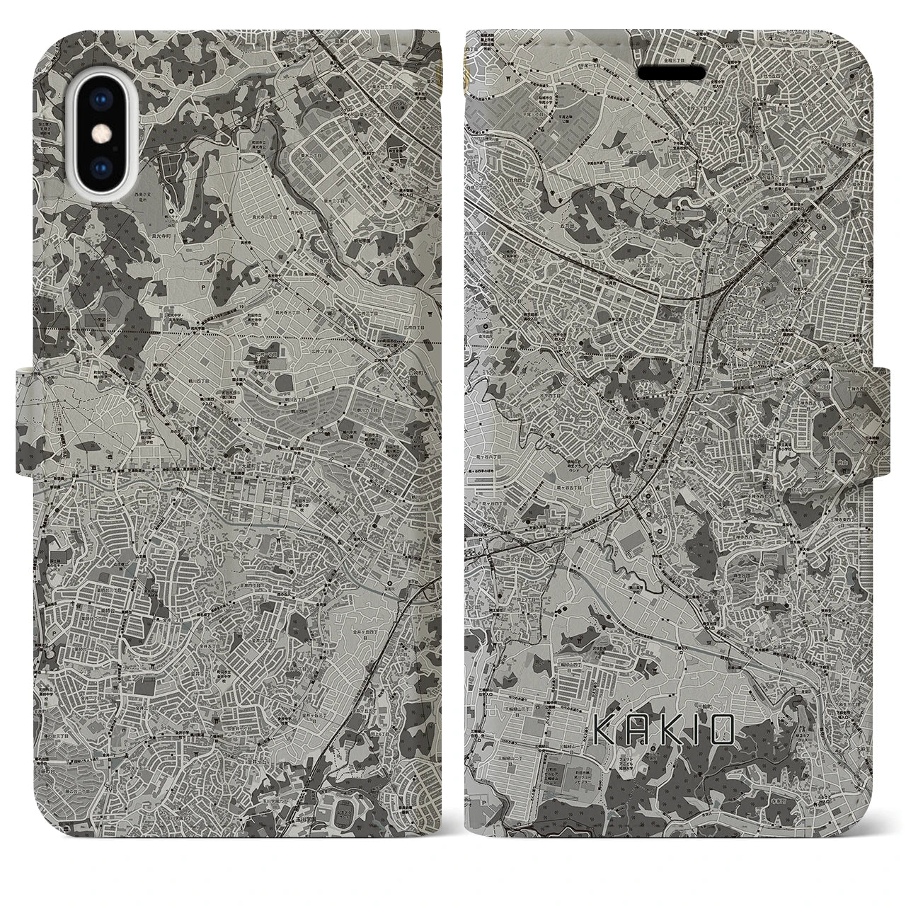 【柿生(神奈川県)】地図柄iPhoneケース(手帳タイプ)モノトーン・iPhone XS Max 用