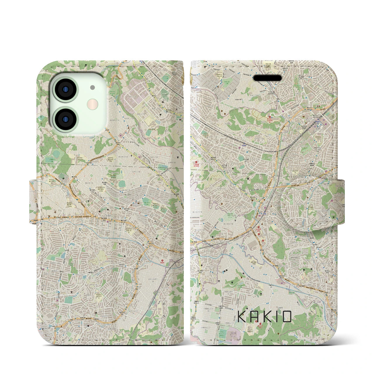 【柿生(神奈川県)】地図柄iPhoneケース(手帳タイプ)ナチュラル・iPhone 12 mini 用