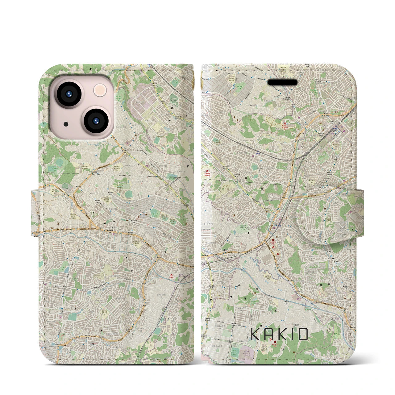 【柿生(神奈川県)】地図柄iPhoneケース(手帳タイプ)ナチュラル・iPhone 13 mini 用