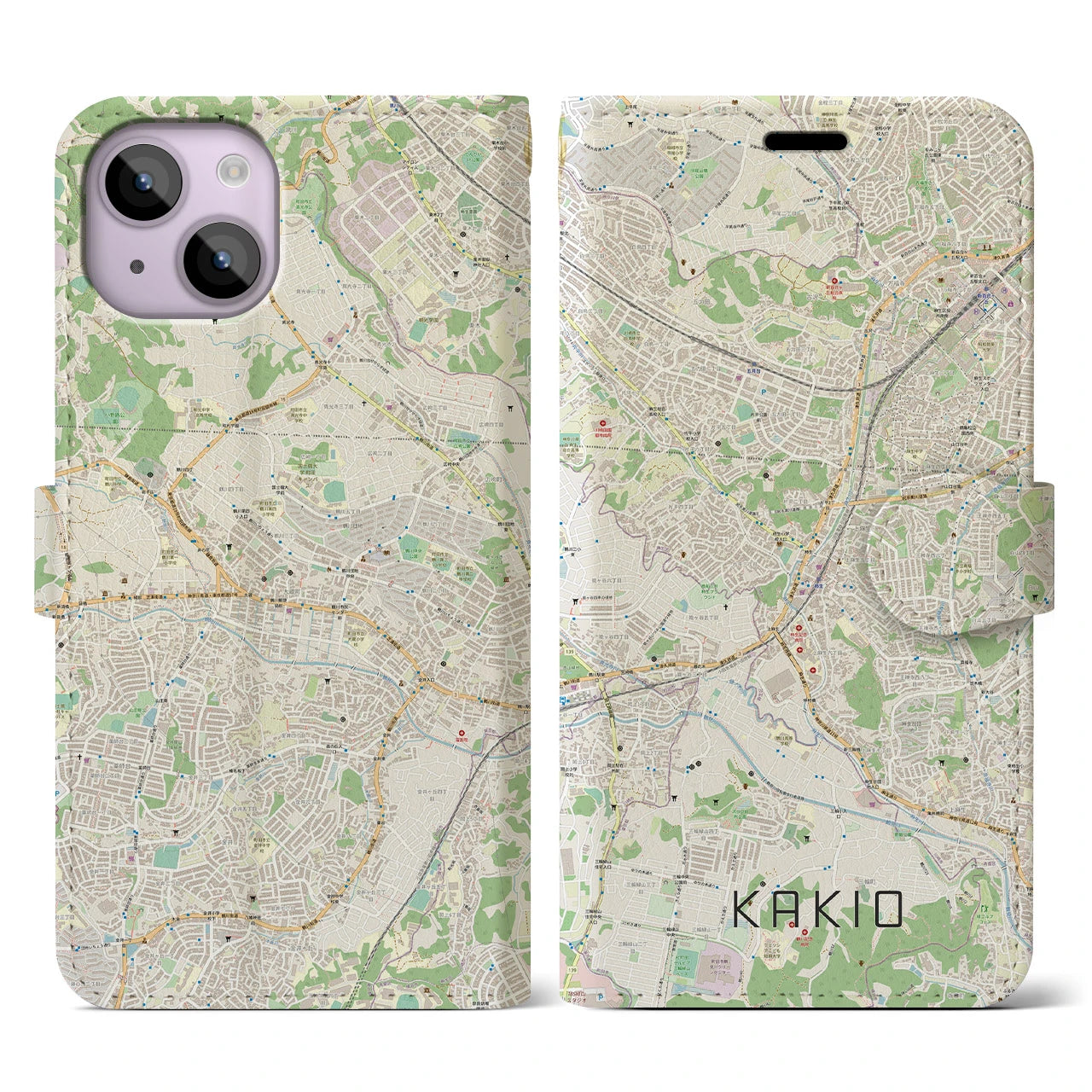 【柿生(神奈川県)】地図柄iPhoneケース(手帳タイプ)ナチュラル・iPhone 14 用