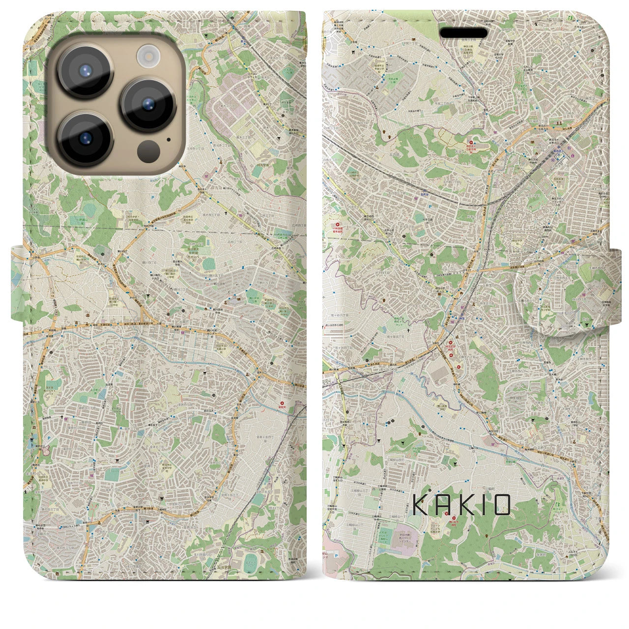 【柿生(神奈川県)】地図柄iPhoneケース(手帳タイプ)ナチュラル・iPhone 14 Pro Max 用